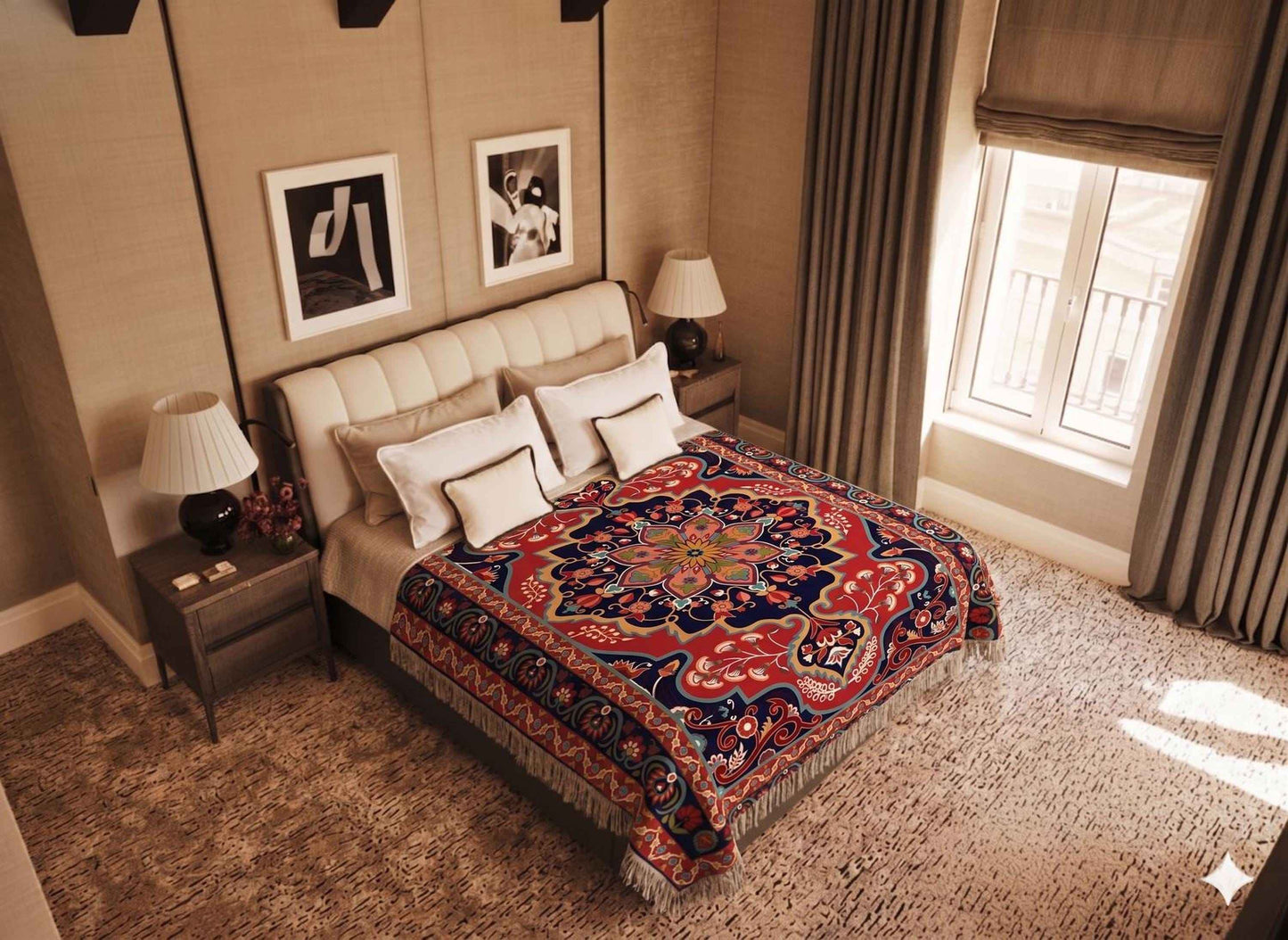Anatolian Inspired woven blanket with rug-style pattern styled for layered home decor