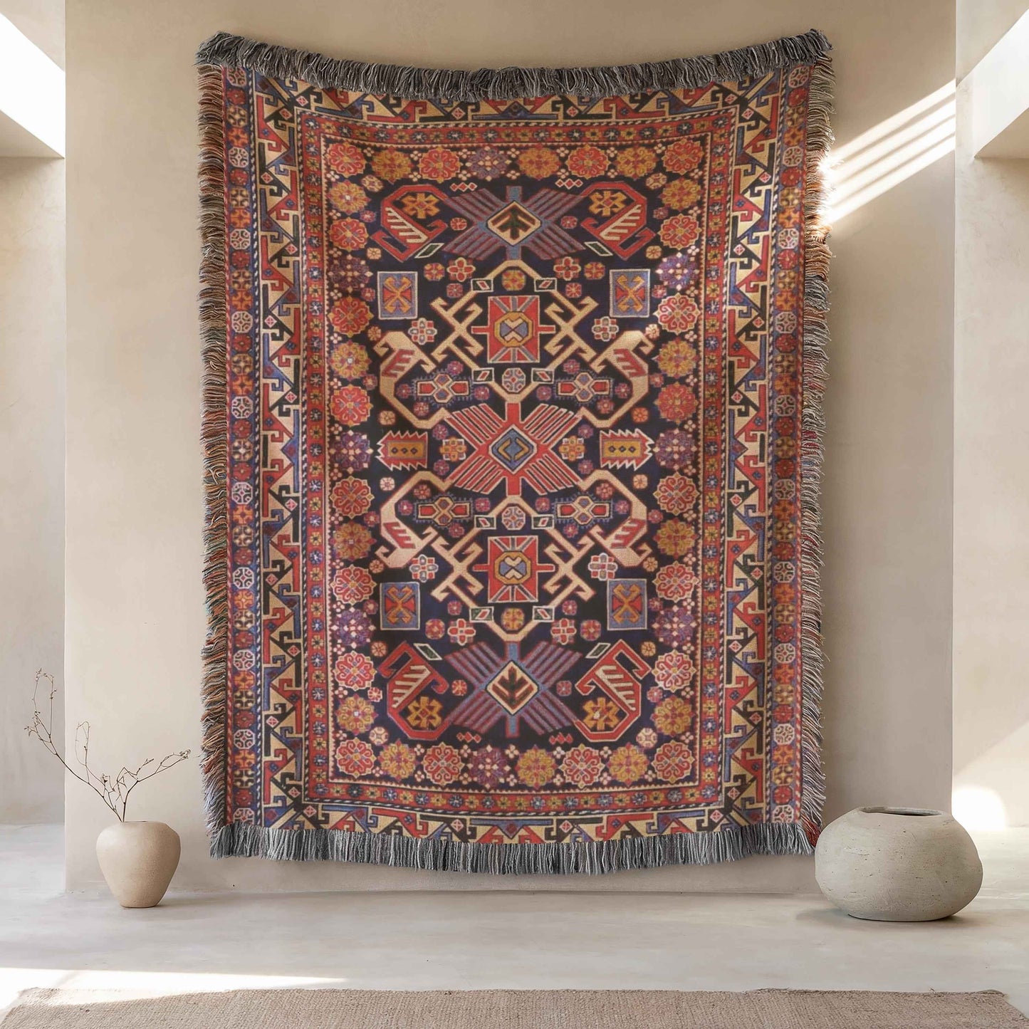 Anatolian Inspired woven blanket with rug-style pattern styled for layered home decor