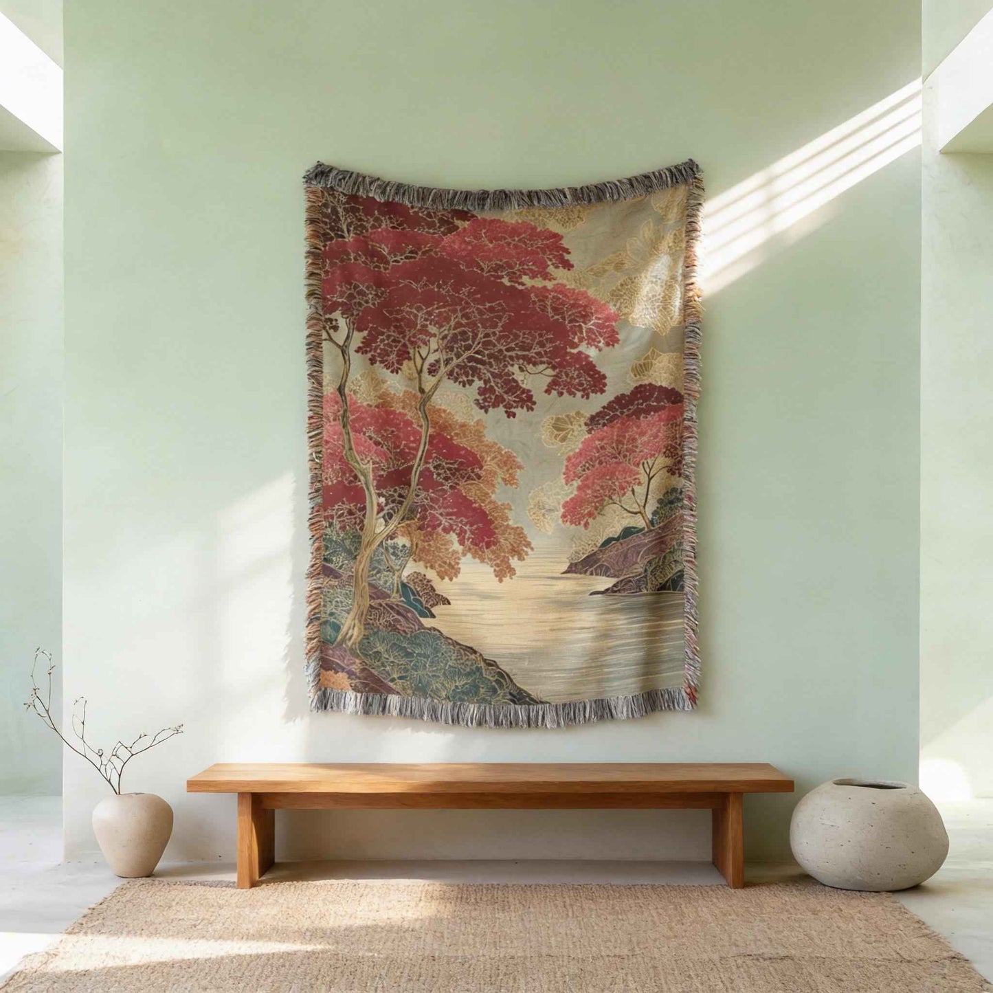 Scandinavian Inspired woven wall tapestry with rug-style pattern styled as textile wall decor