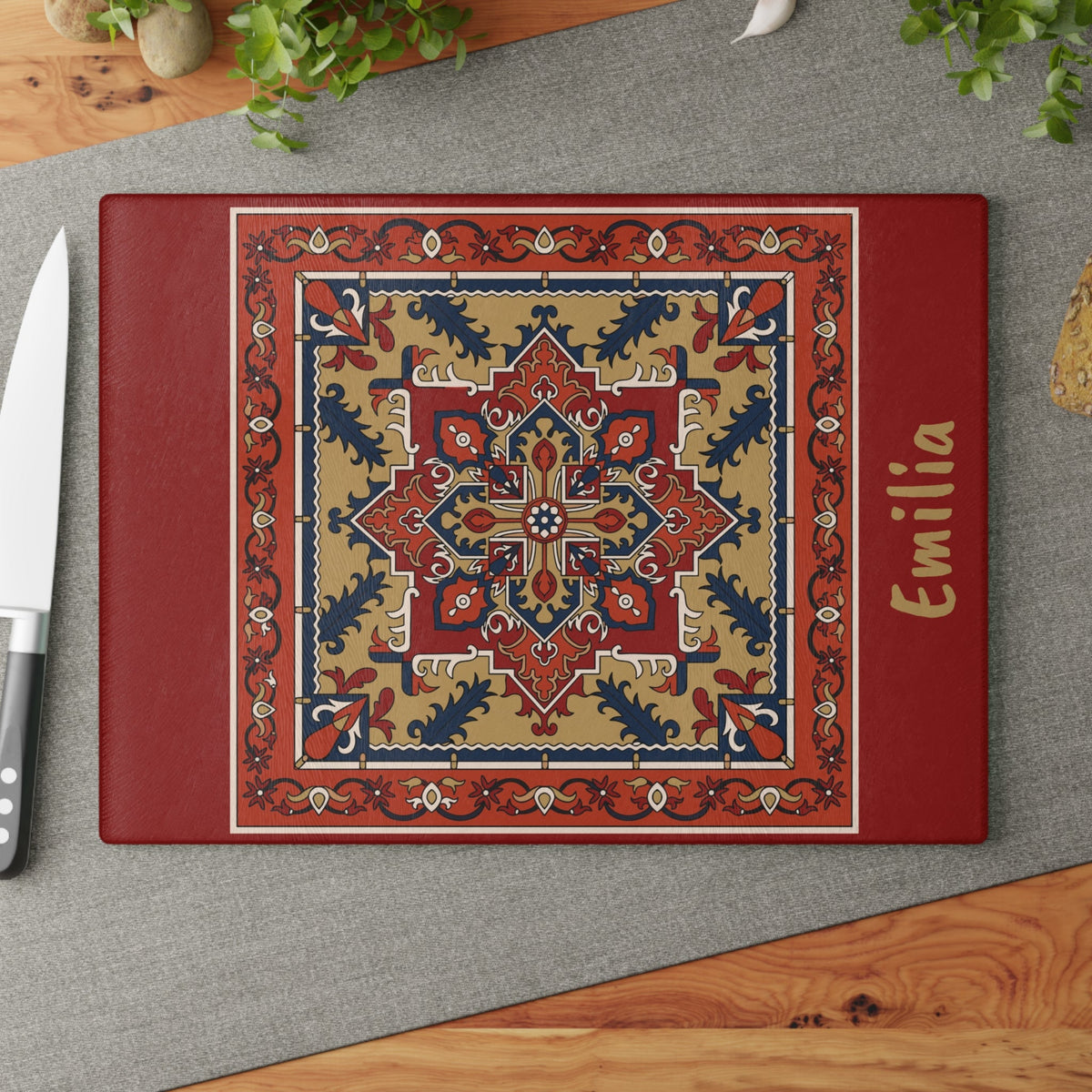 Personalized Armenian cutting board, red rug design with a name in gold script