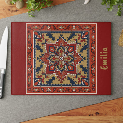 Personalized Armenian cutting board, red rug design with a name in gold script