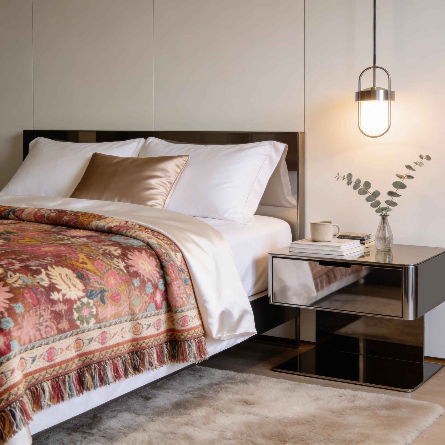 Anatolian Inspired woven blanket with rug-style pattern styled for layered home decor