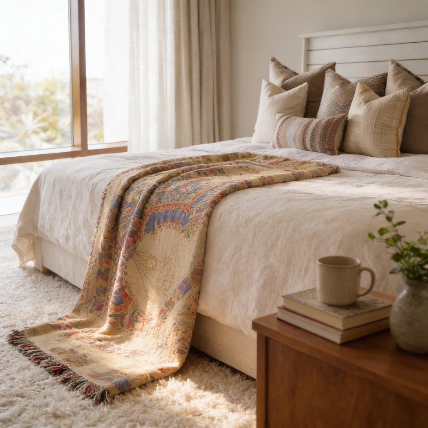 Boho woven blanket with woven pattern styled for layered home decor