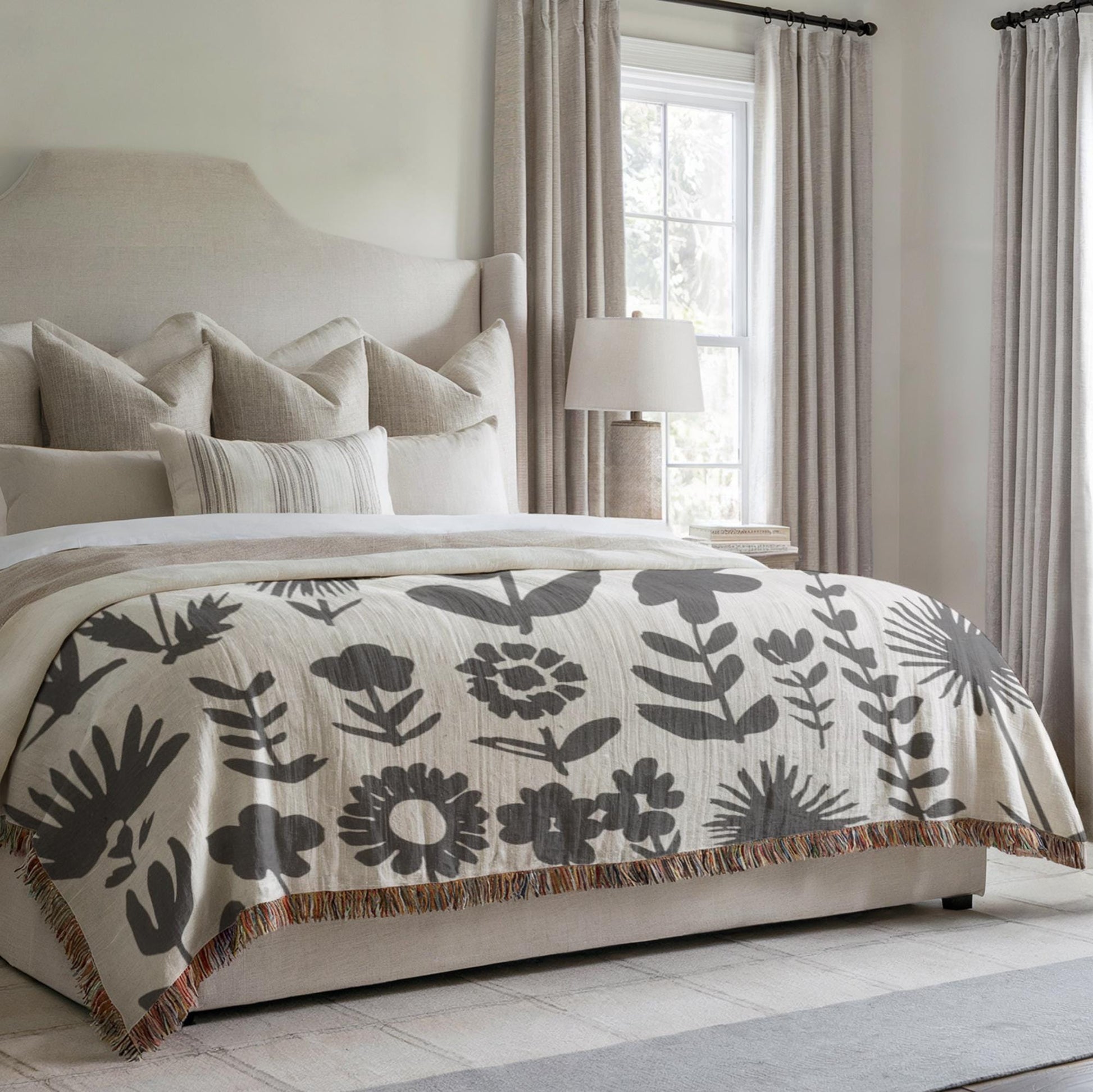 Wildflowers Meadows Blanket - Handmade Woven Throw With Botanical Print, Cozy Cotton