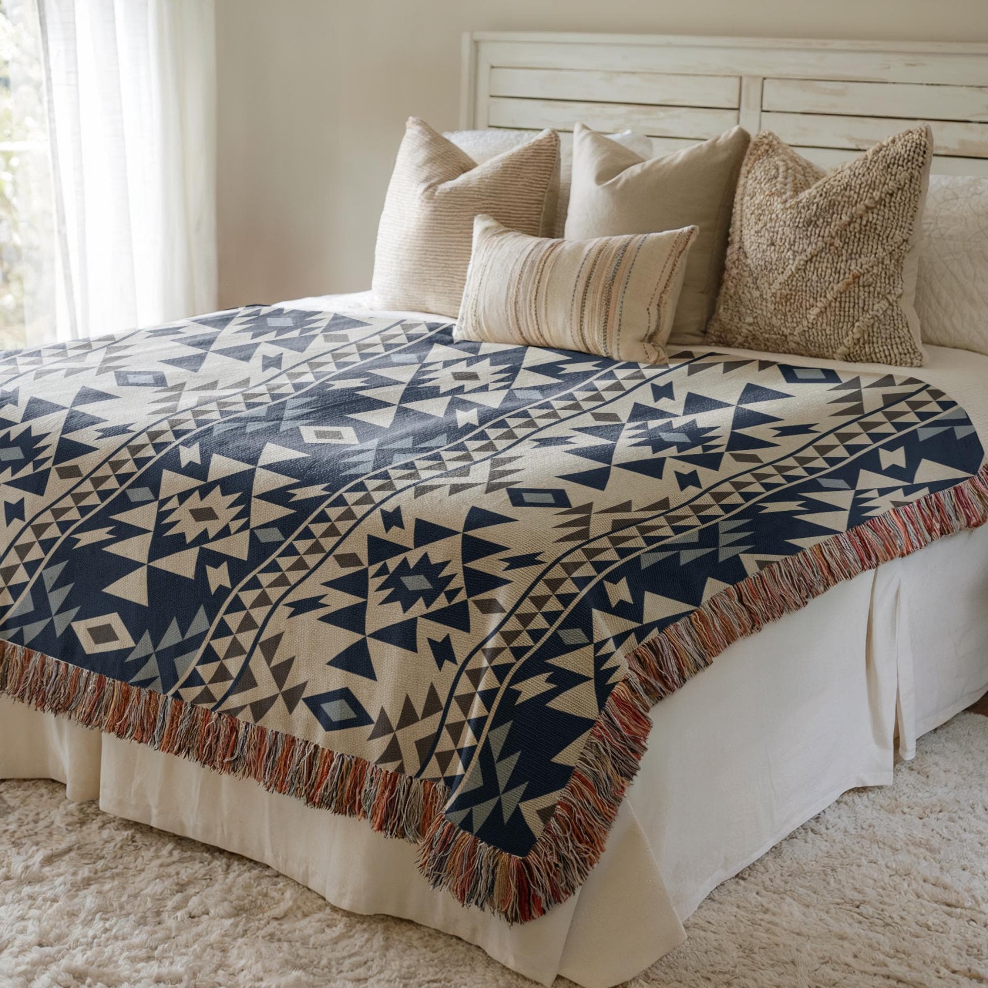 Native American Blanket – Tribal Pattern Cotton Throw With Colorful Fringed Edges