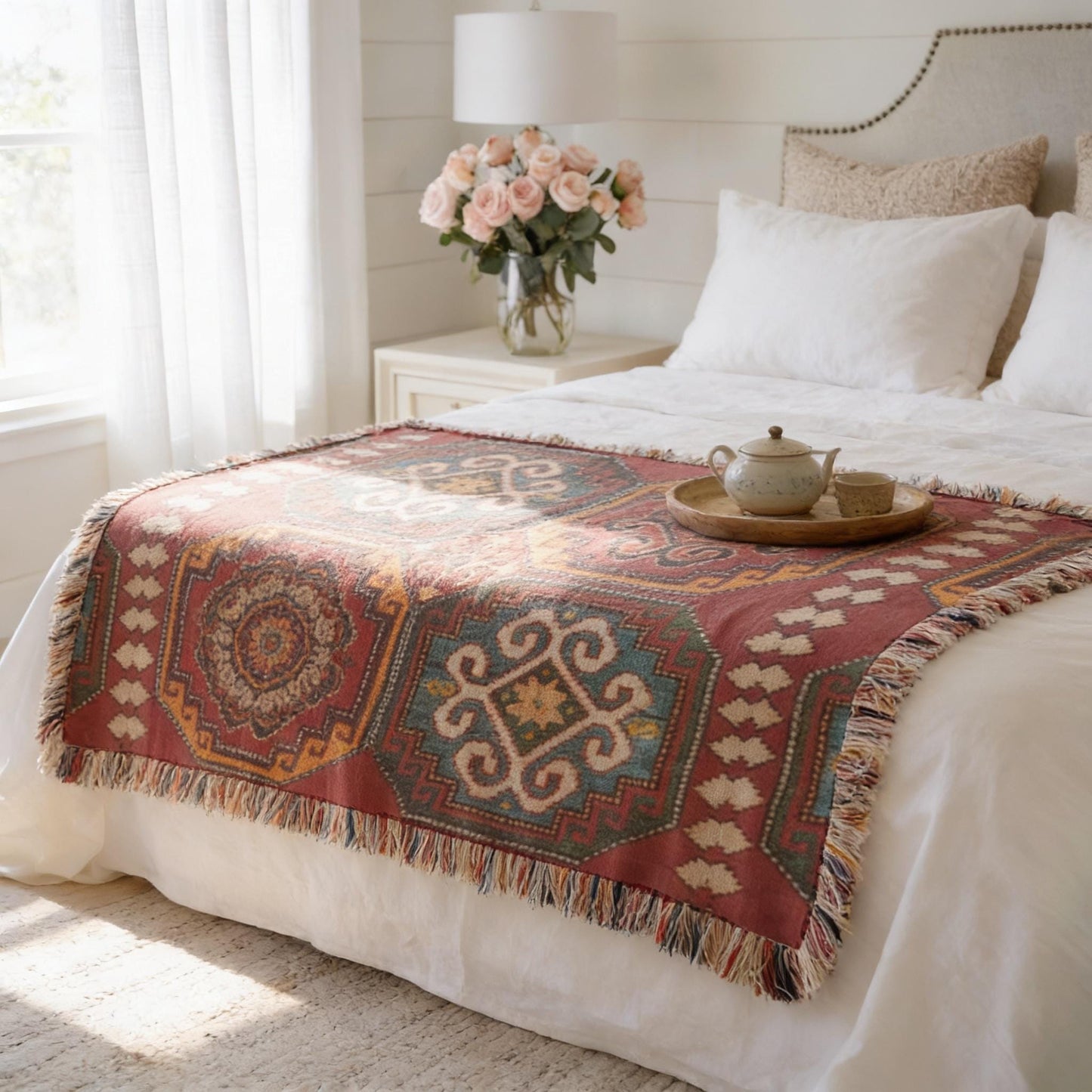 Caucasian Rug Inspired woven blanket with geometric pattern styled for layered home decor