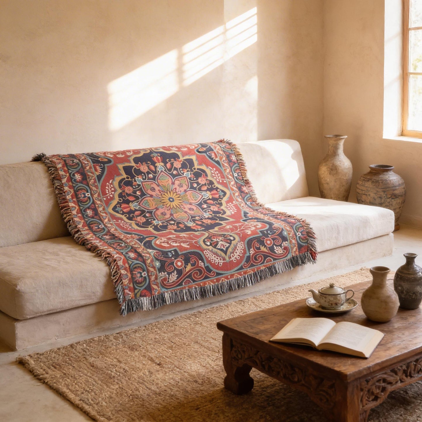 Caucasian Rug Inspired woven blanket with geometric pattern styled for layered home decor