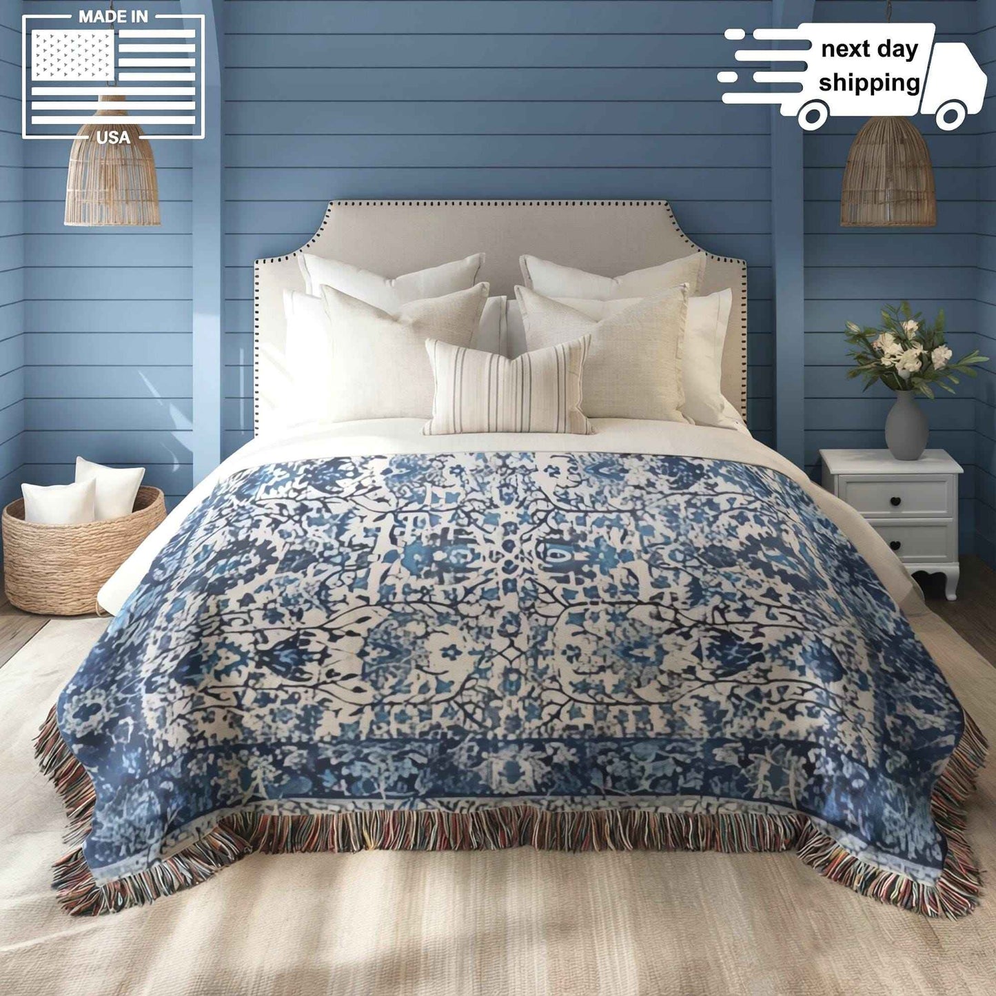Caucasian Rug Inspired woven blanket with geometric pattern styled for layered home decor