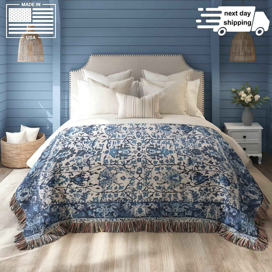 Caucasian Rug Inspired woven blanket with geometric pattern styled for layered home decor