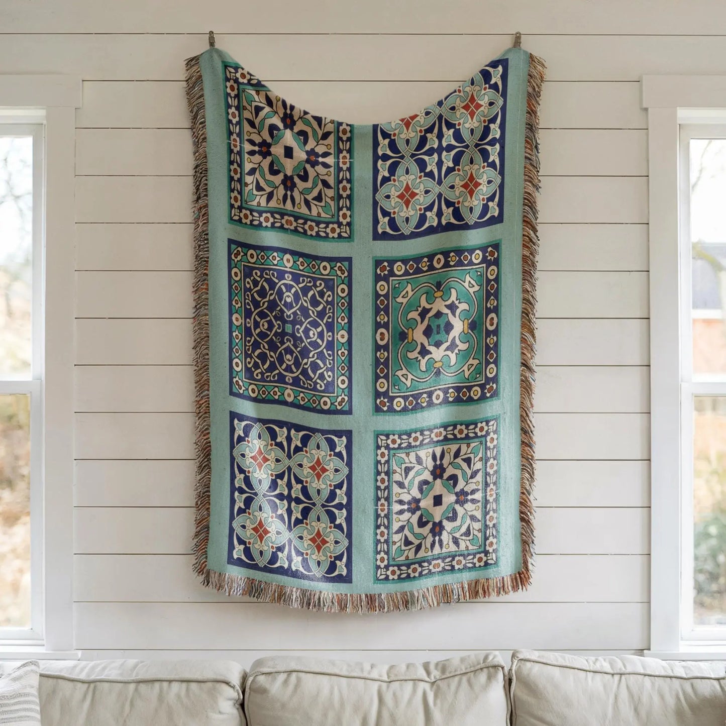 Cotton Throw Blanket - Persian Tile Tapestry | Boho Bedroom Accent & Cozy Couch