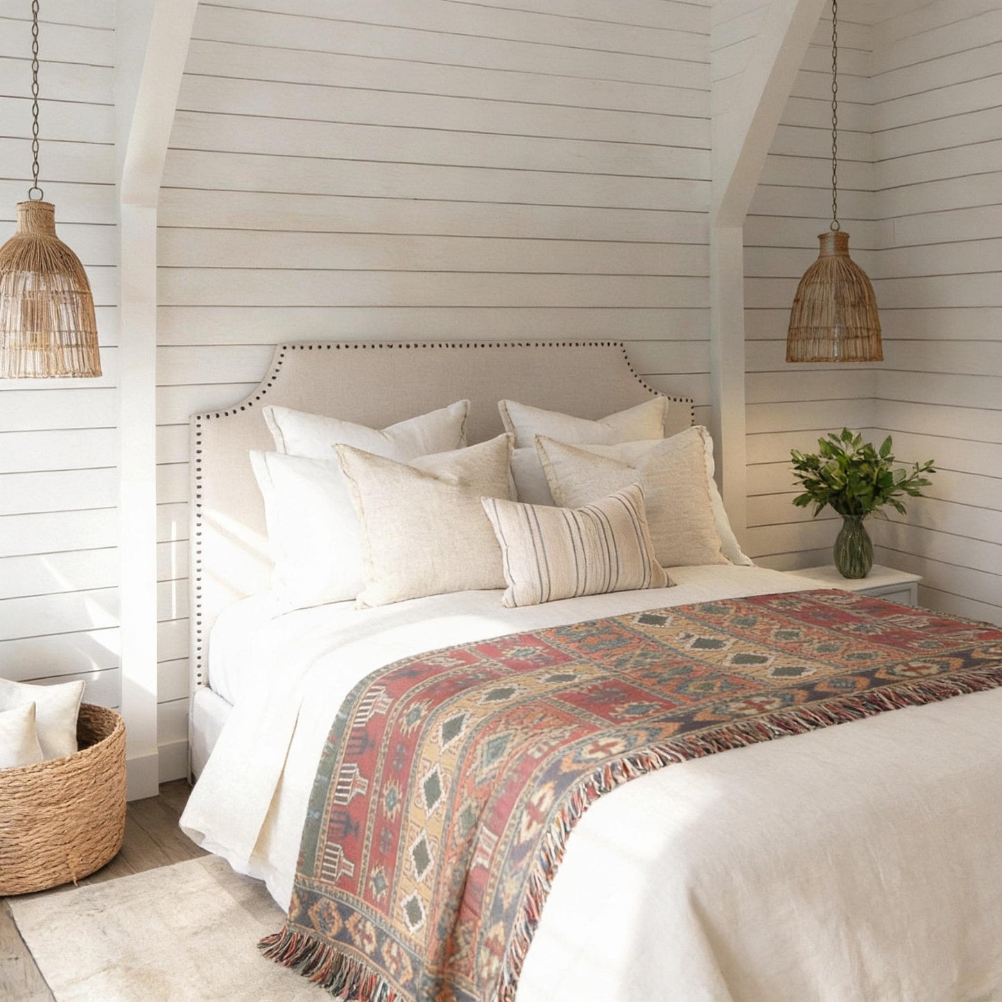 Anatolian Inspired woven blanket with rug-style pattern styled for layered home decor