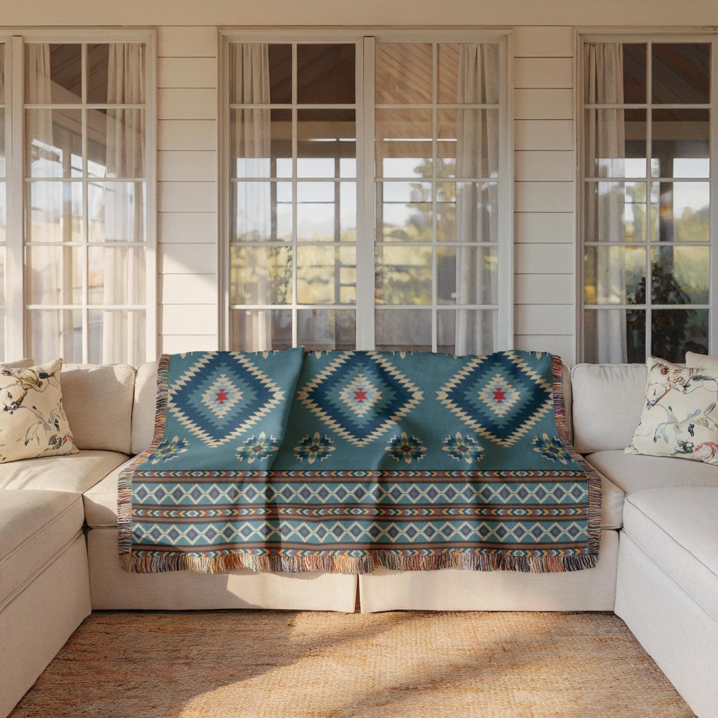 Southwestern outdoor woven throw blanket with geometric pattern for patio styling