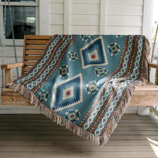 Navajo Woven Blanket – Southwestern Throw | Cotton Picnic Blanket With Fringed Edges