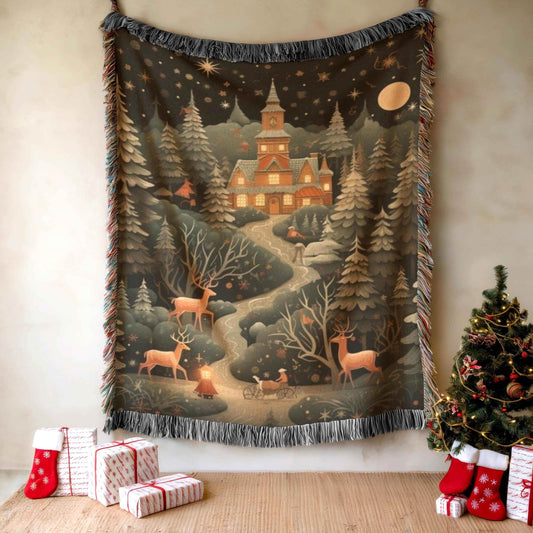 Festive Woven Blanket – Christmas Tree Tapestry With Reindeer & Magical Castle Throw - timelessbohochic.com