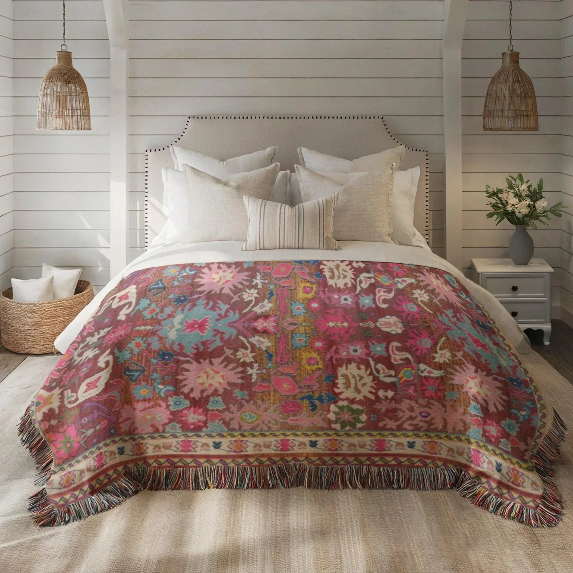 Persian Rug Throw Blanket - Woven Cotton Cozy Living Room Blanket with Colorful Fringed Edges
