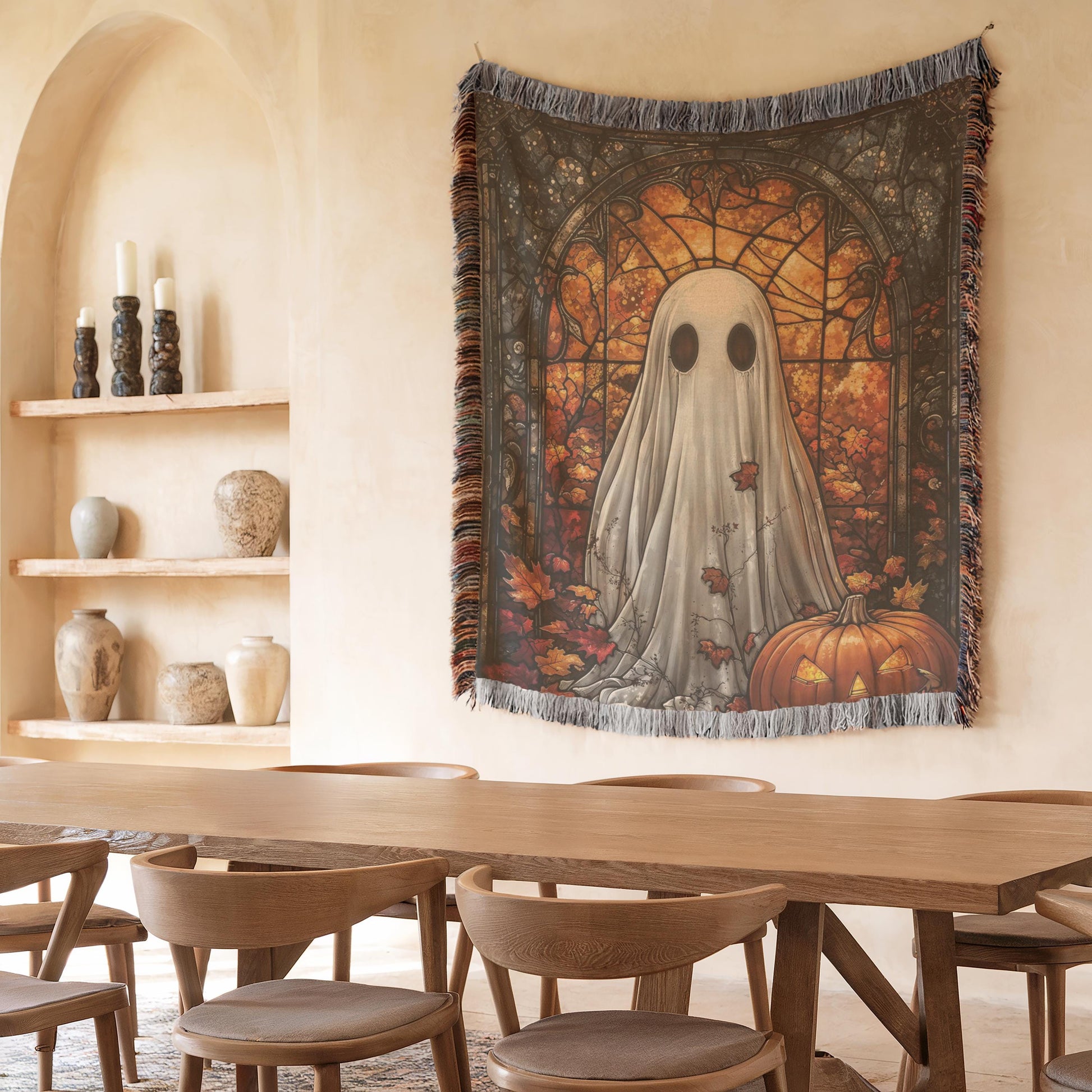 Halloween Ghost Tapestry - Stained Glass Pumpkin Wall Art | Cozy Cotton Throw