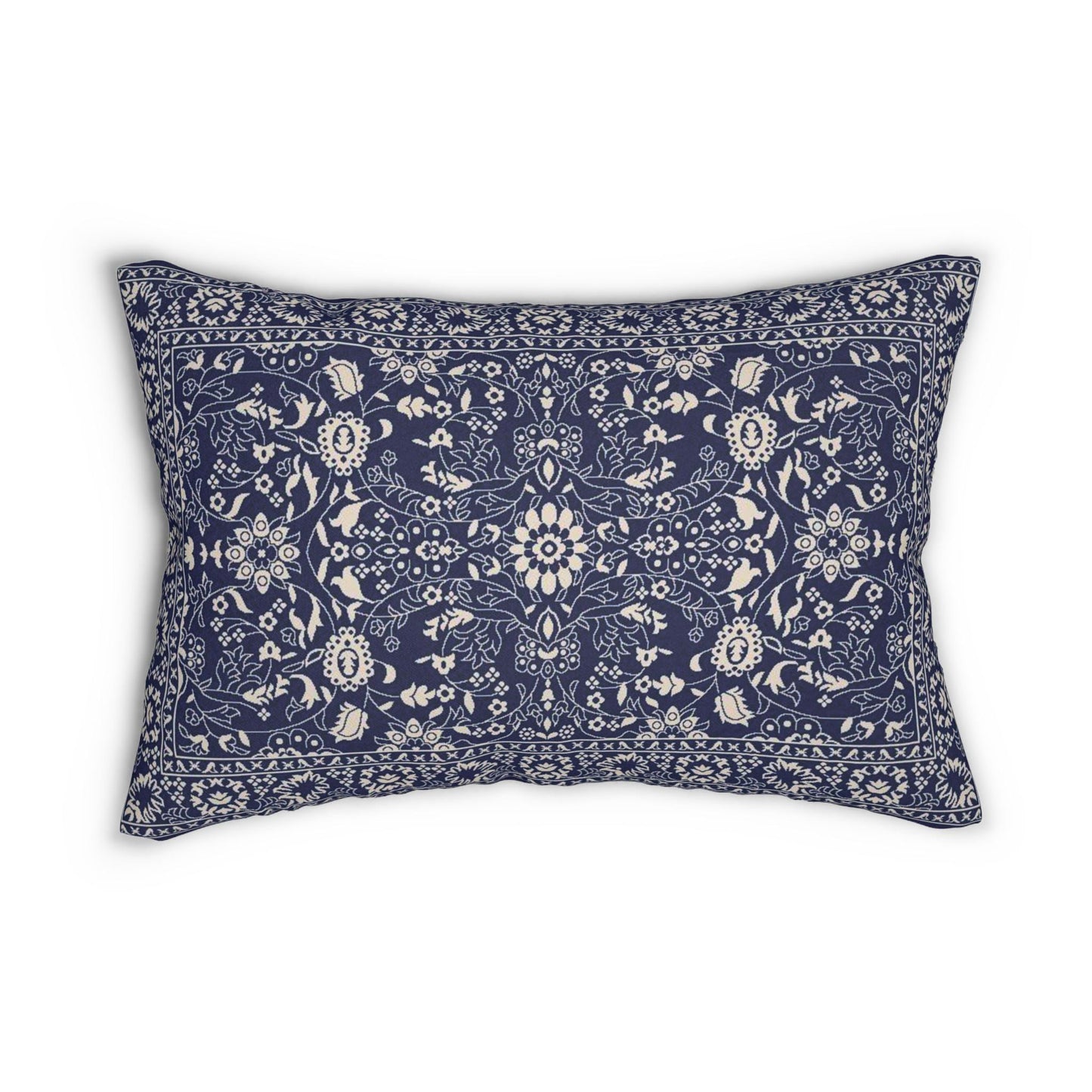 Caucasian Rug Inspired throw pillow with geometric pattern styled on a sofa or bed