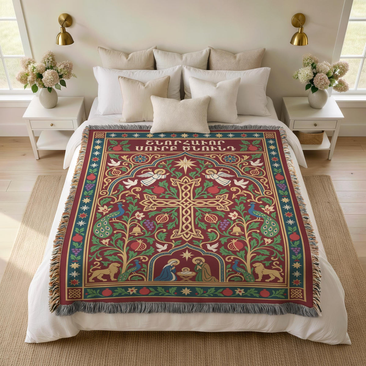 Armenian cross and Nativity blanket over a bed with white pillows and flowers on the nightstands