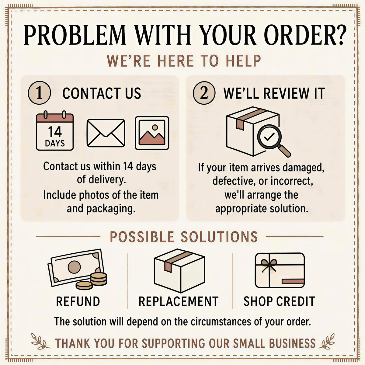 The image is a visual guide for customers to contact a business for assistance with their orders. It includes icons and text to help customers navigate the process of resolving their order-related issues.