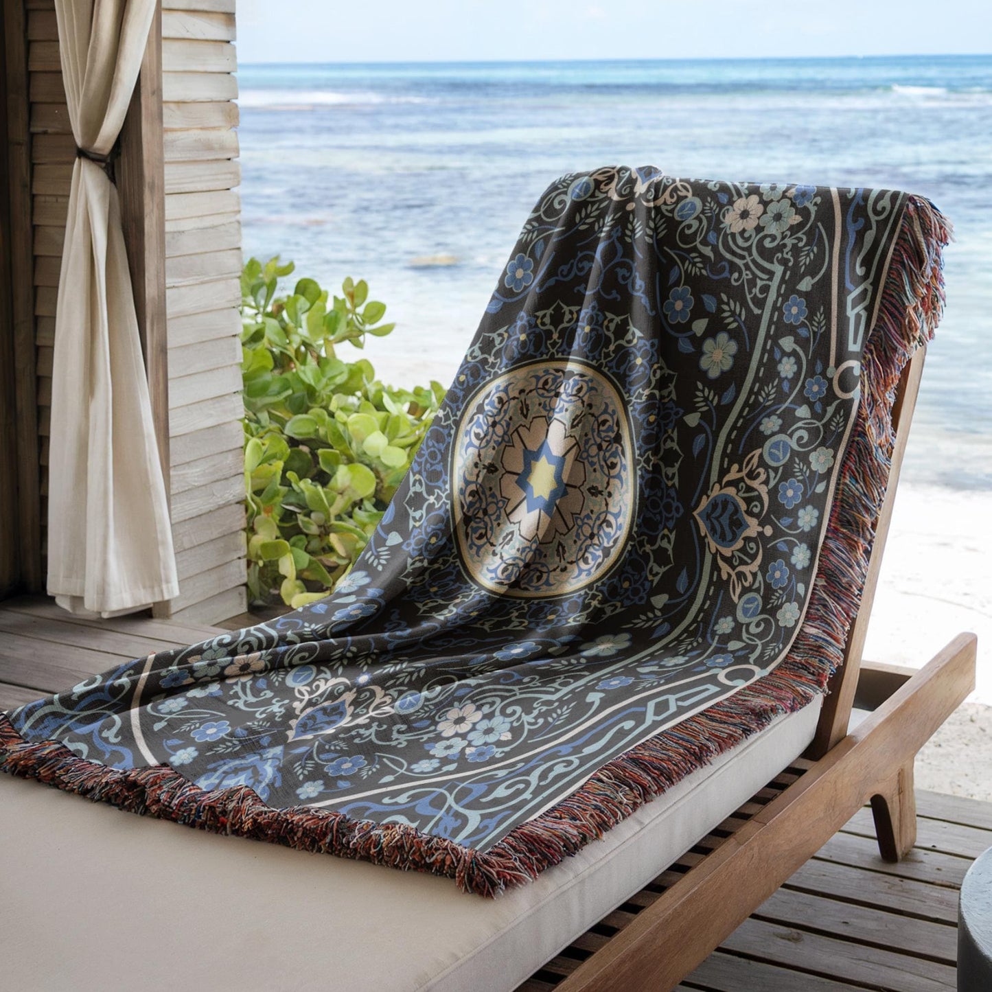 Anatolian Inspired woven blanket with rug-style pattern styled for layered home decor