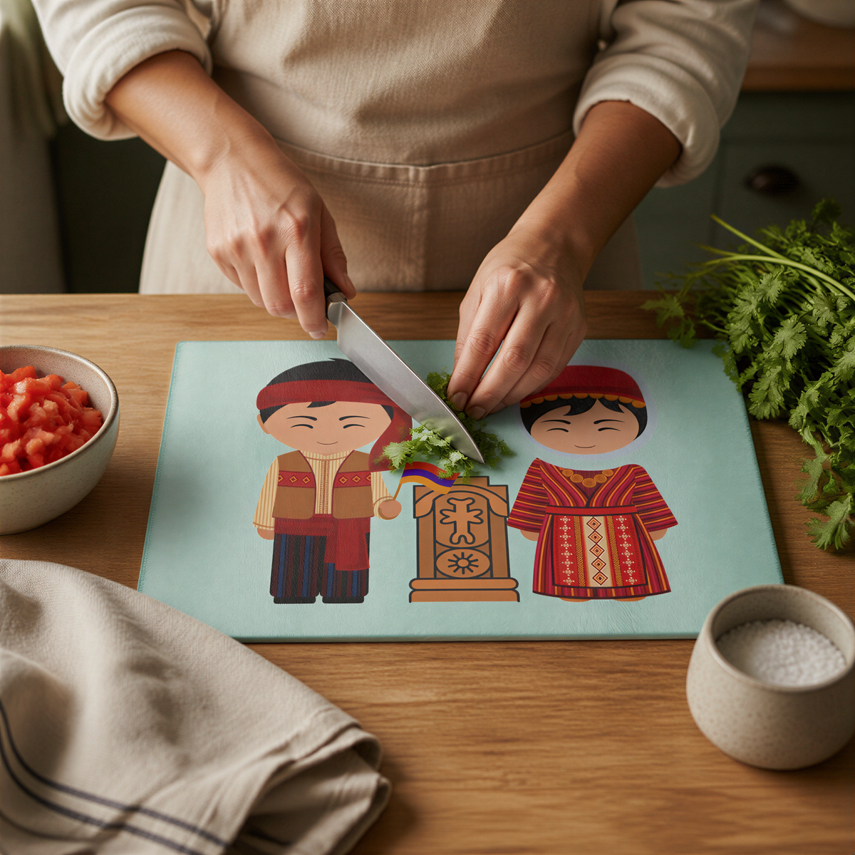 Armenian khachkar glass cutting board, a cook slicing cucumber beside the boy and girl in traditional dress