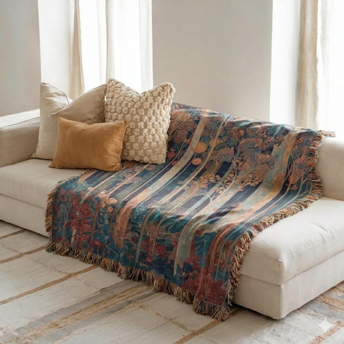 Modern Geometric woven blanket with geometric pattern styled for layered home decor