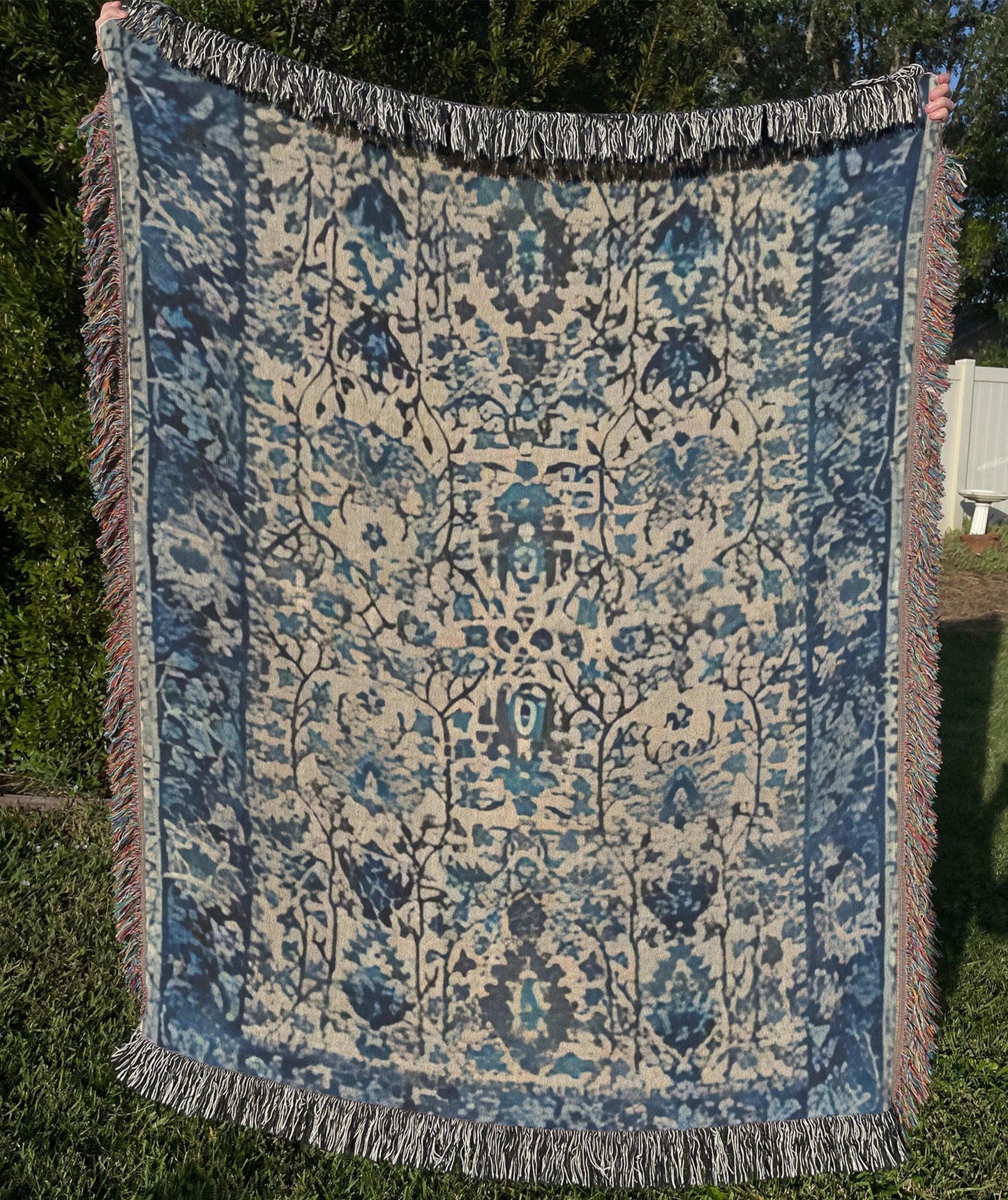 Anatolian Inspired woven blanket with rug-style pattern styled for layered home decor