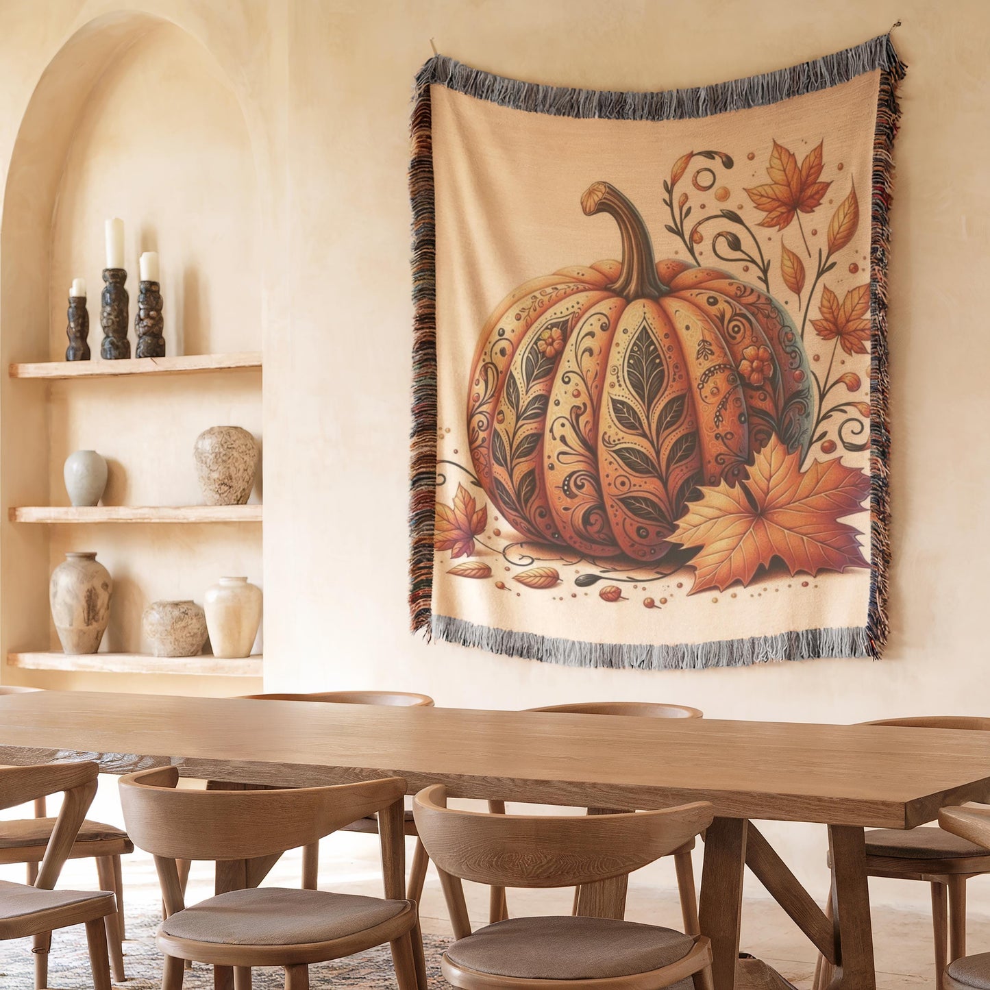 Thanksgiving Throw Tapestry - Pumpkin Wall Art | Cozy Fall Home Decor