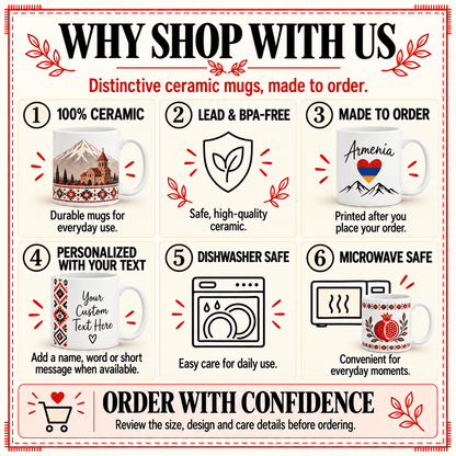 Why shop with us: ceramic mugs, lead and BPA-free, made to order, personalized, dishwasher and microwave safe