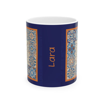 Navy Armenian mug personalised with a name in orange lettering