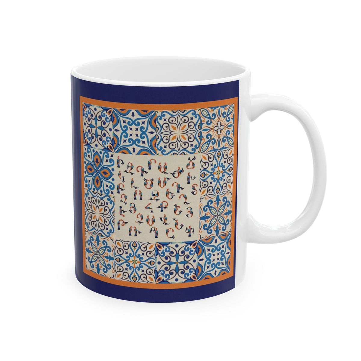Navy Armenian alphabet mug with the blue and orange panel, plain background