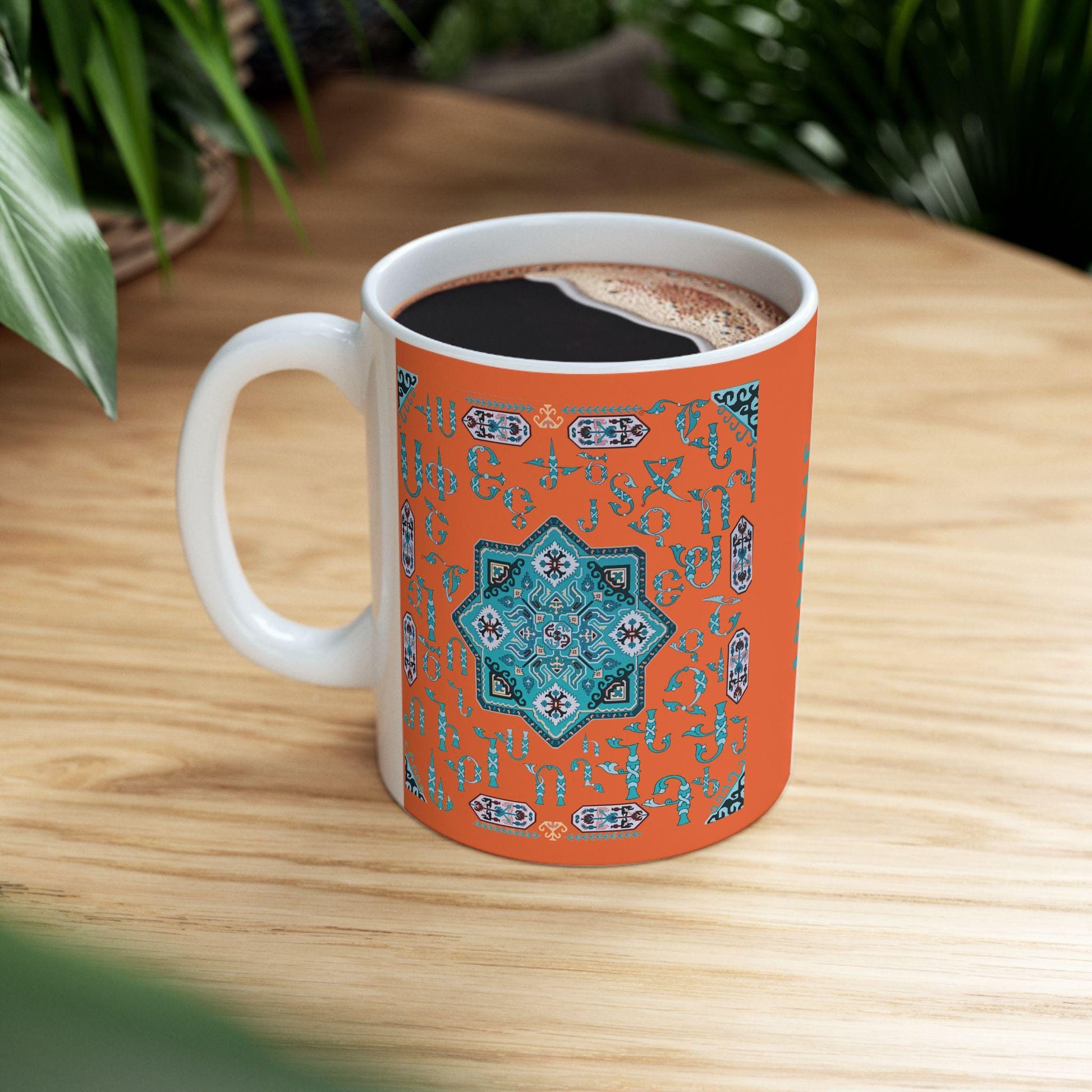 Armenian Alphabet Ceramic Mug, Turquoise on Orange, Personalized - timelessbohochic.com