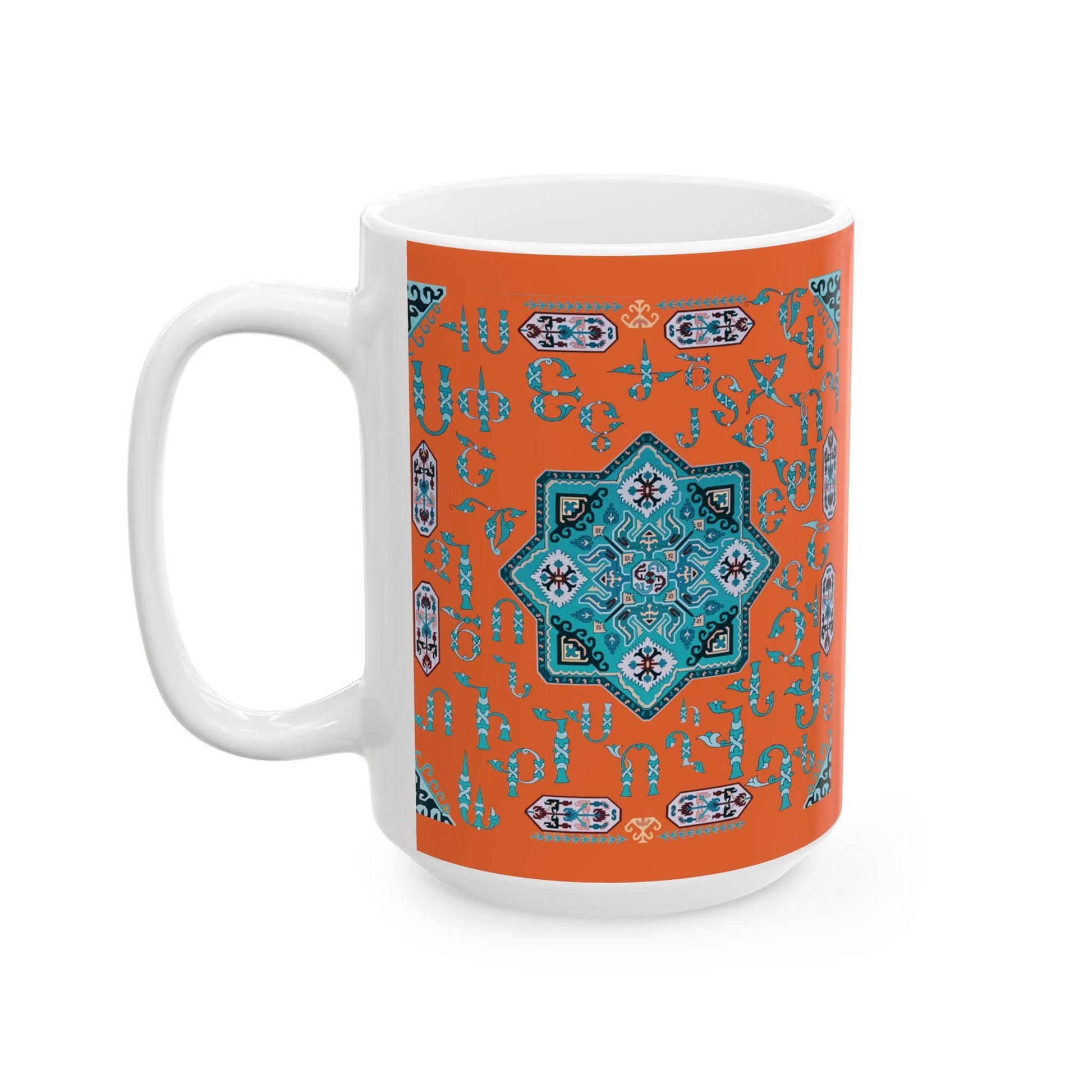 Armenian Alphabet Ceramic Mug, Turquoise on Orange, Personalized - timelessbohochic.com