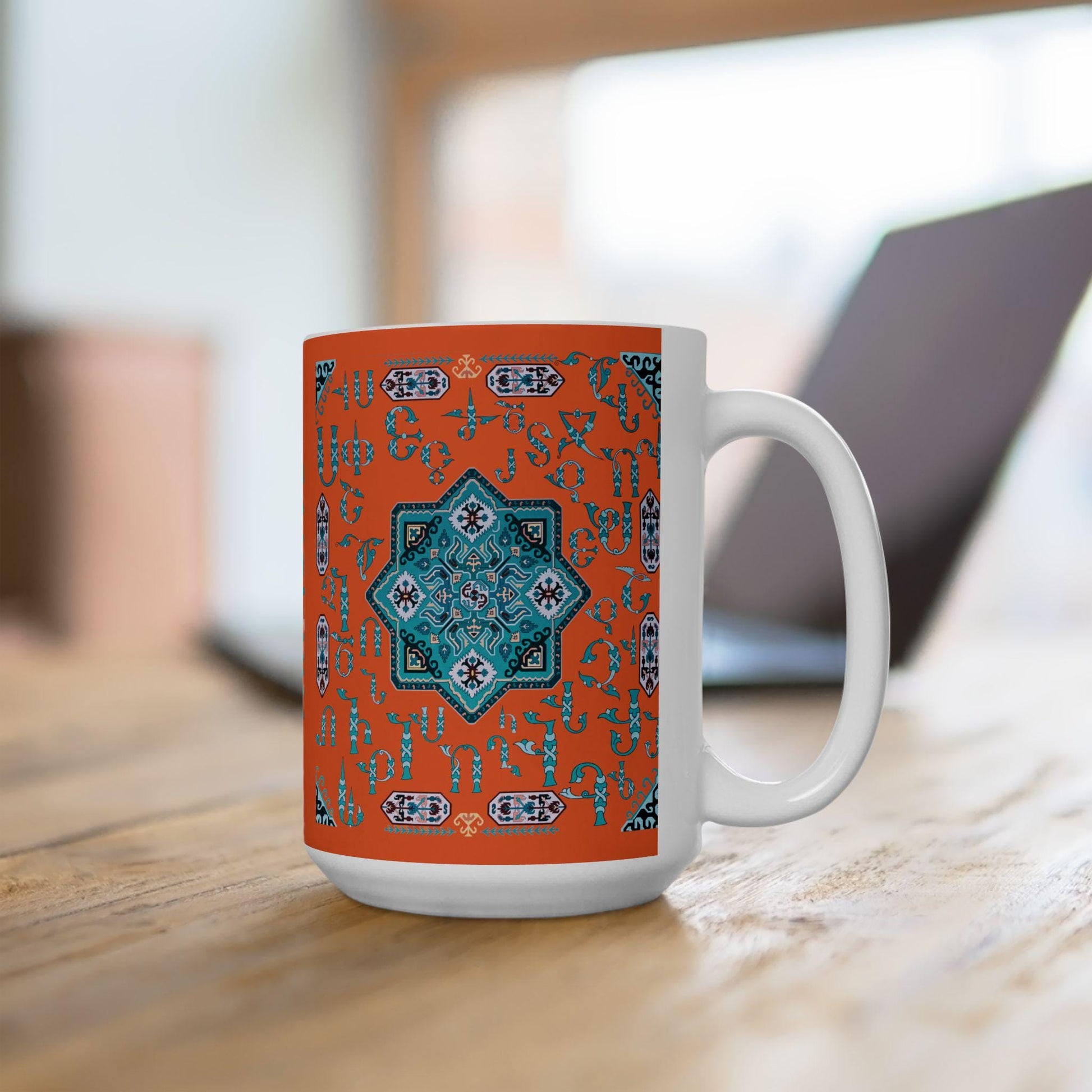 Armenian Alphabet Ceramic Mug, Turquoise on Orange, Personalized - timelessbohochic.com