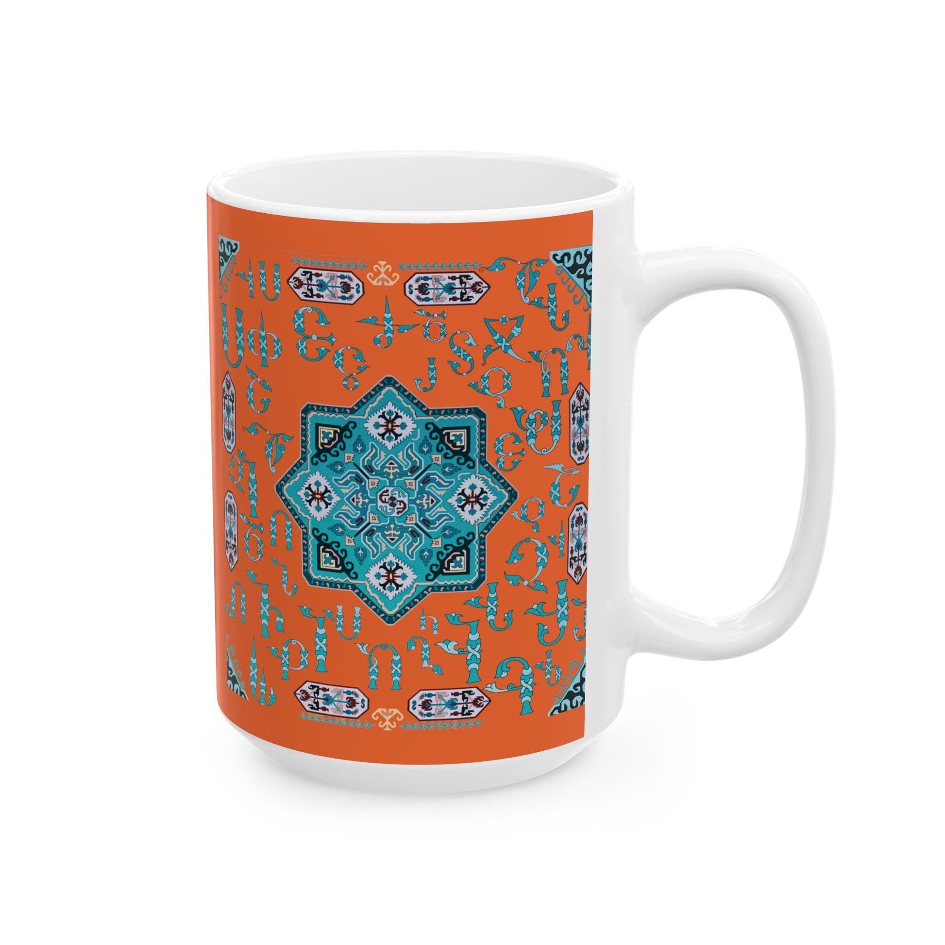 Armenian Alphabet Ceramic Mug, Turquoise on Orange, Personalized - timelessbohochic.com