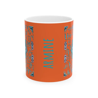 Armenian Alphabet Ceramic Mug, Turquoise on Orange, Personalized - timelessbohochic.com