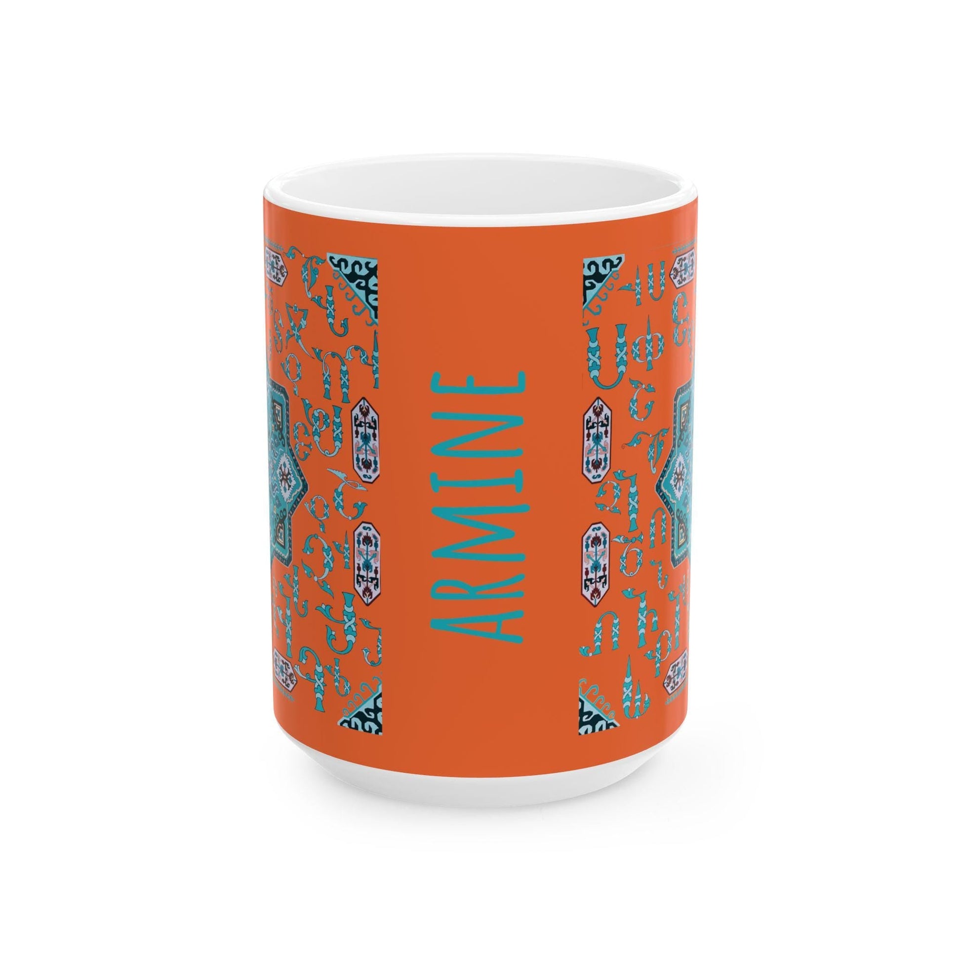 Armenian Alphabet Ceramic Mug, Turquoise on Orange, Personalized - timelessbohochic.com