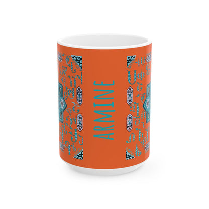 Armenian Alphabet Ceramic Mug, Turquoise on Orange, Personalized - timelessbohochic.com