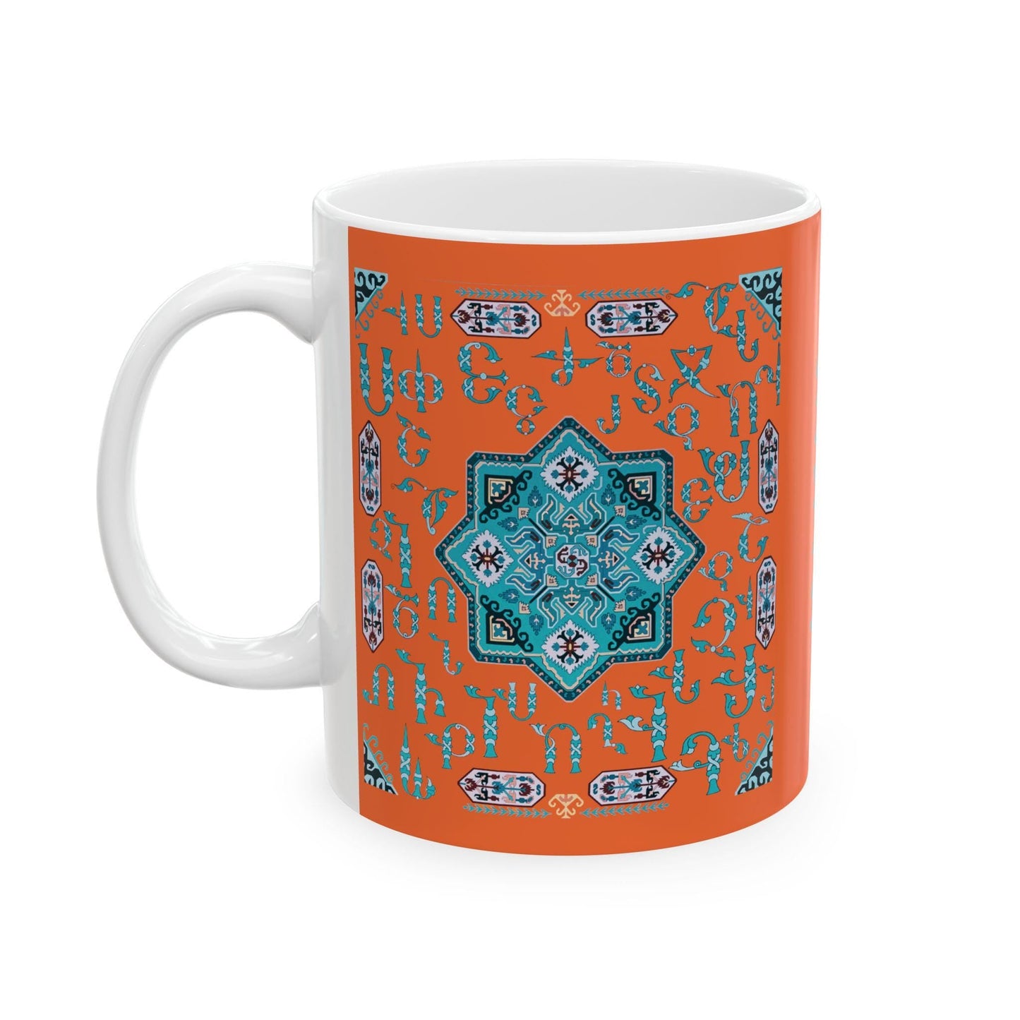 Armenian Alphabet Ceramic Mug, Turquoise on Orange, Personalized - timelessbohochic.com