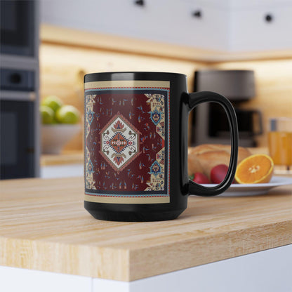 Armenian Alphabet Ceramic Mug, Vintage Kilim Look, Black, Language Gift - timelessbohochic.com