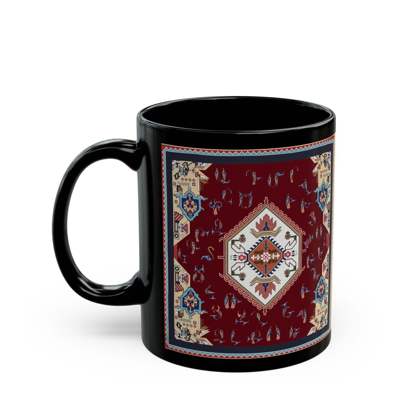 Armenian Alphabet Ceramic Mug, Vintage Kilim Look, Black, Language Gift - timelessbohochic.com