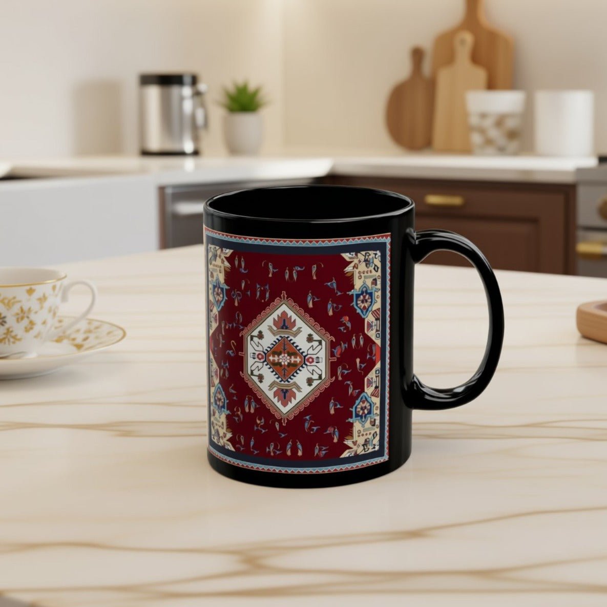 Armenian Alphabet Ceramic Mug, Vintage Kilim Look, Black, Language Gift - timelessbohochic.com