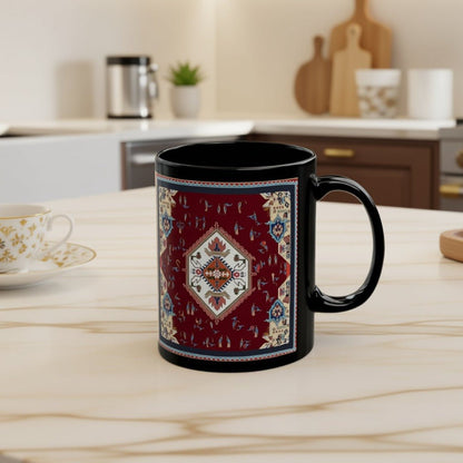 Armenian Alphabet Ceramic Mug, Vintage Kilim Look, Black, Language Gift - timelessbohochic.com