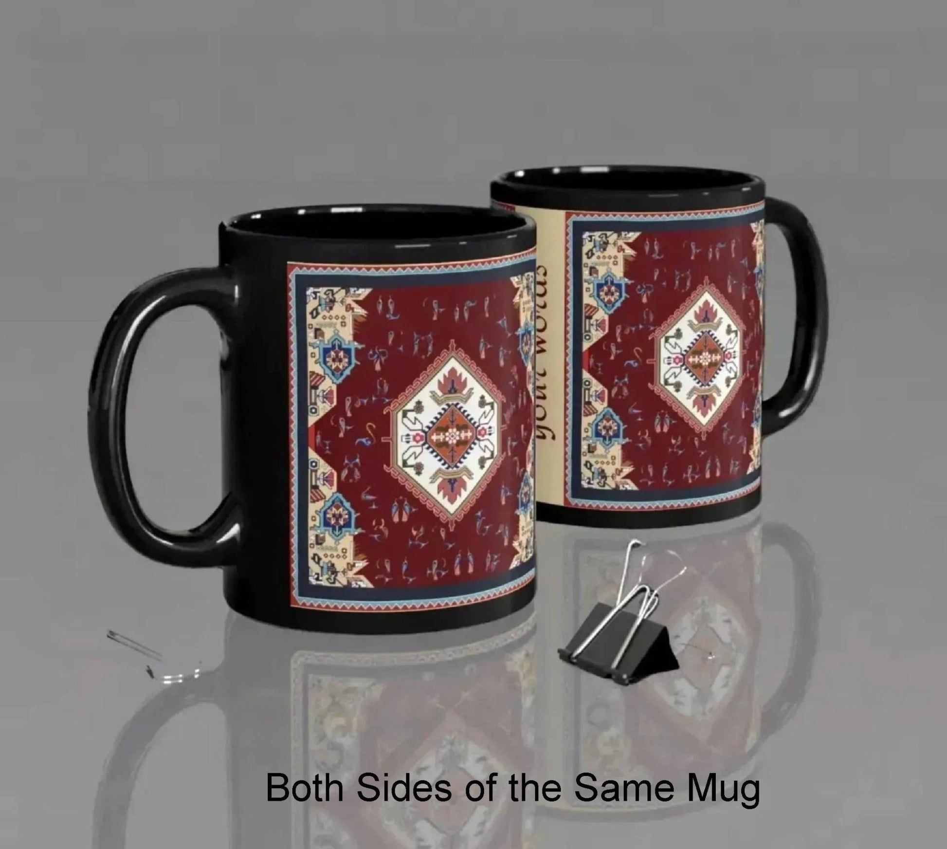 Armenian Alphabet Ceramic Mug, Vintage Kilim Look, Black, Language Gift - timelessbohochic.com