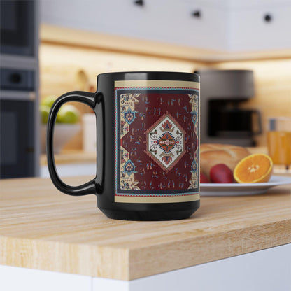 Armenian Alphabet Ceramic Mug, Vintage Kilim Look, Black, Language Gift - timelessbohochic.com