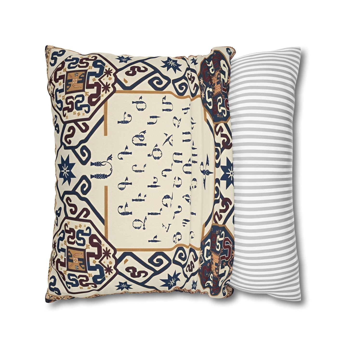 Armenian Alphabet Pillow Cover – Blue & Brown on Cream - timelessbohochic.com
