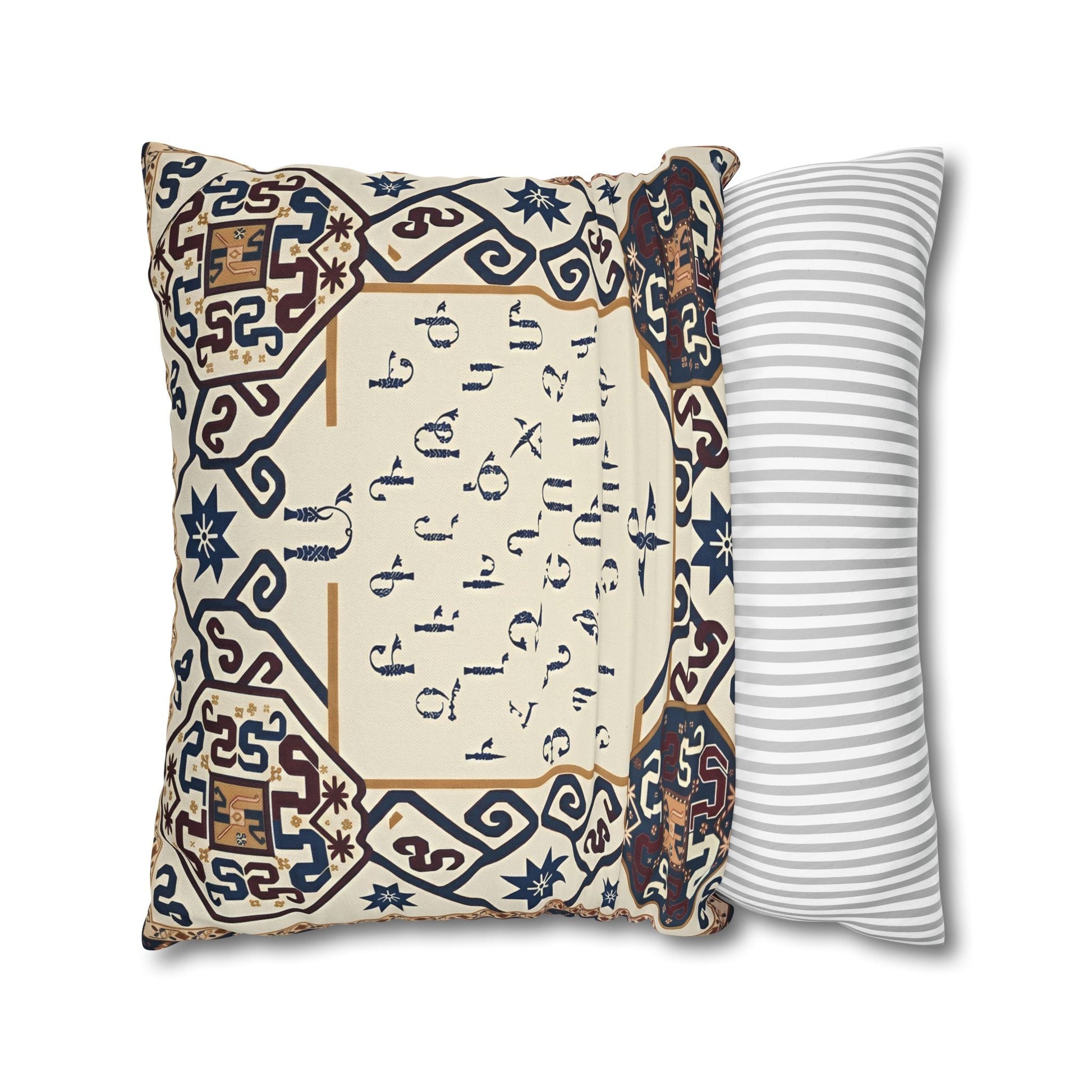 Armenian Alphabet Pillow Cover – Blue & Brown on Cream - timelessbohochic.com