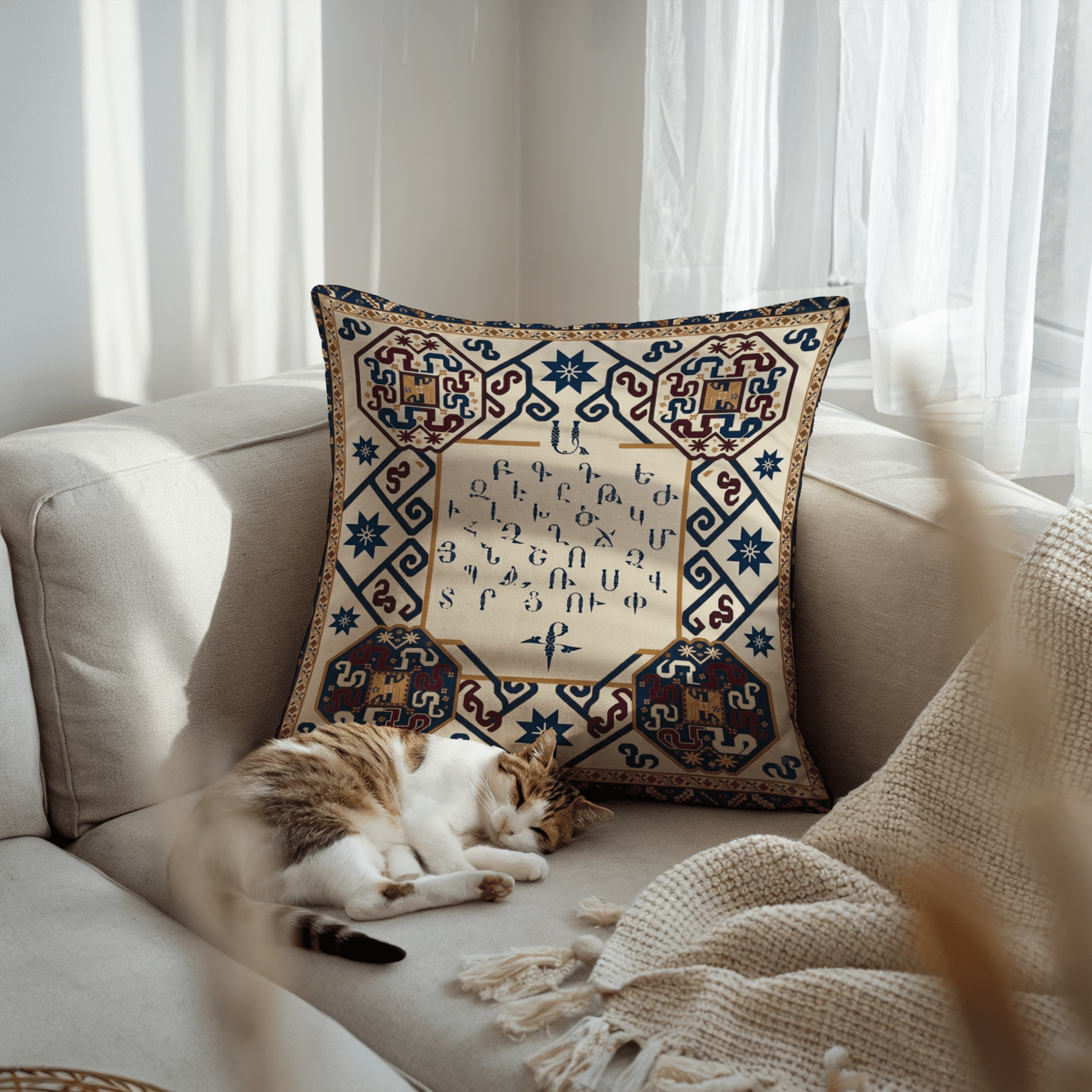 Armenian Alphabet Pillow Cover – Blue & Brown on Cream - timelessbohochic.com