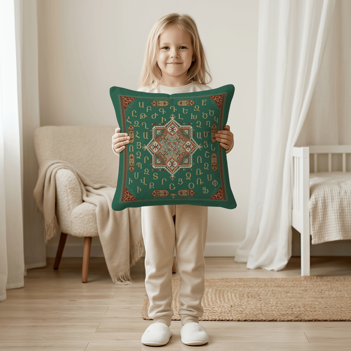 Armenian Alphabet Pillow Cover – Brown on Dark Green - timelessbohochic.com