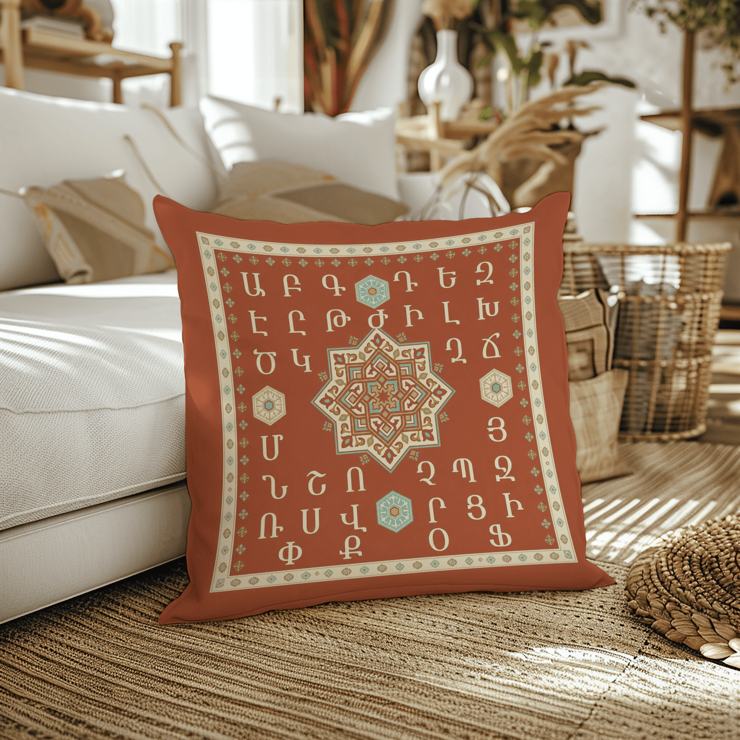 Armenian Alphabet Pillow Cover – Rust Orange & Pale Yellow - timelessbohochic.com